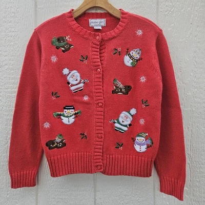 De Colección Feo Navidad Suéter Cárdigan Niños M 10/12 Rojo Muñecos de Nieve Papá Noel Botón Perro  Foto 1 de 4