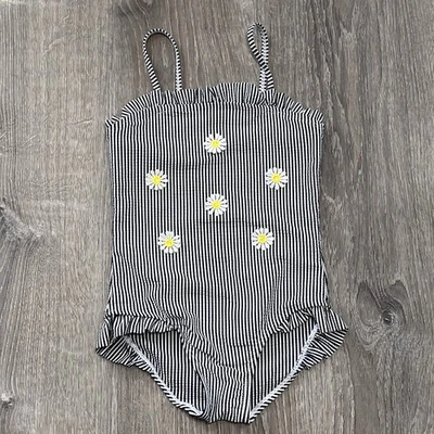 Primark Girls Blue Ruffle Swimsuit and 5 embroidered White Daisies Size 5-6  - Image 1 of 4