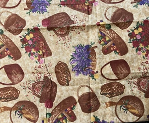 Vintage Anna Krajewski Fabric Country Home Baskets Flowers on Lt Brown 1Y SSI - Picture 1 of 3