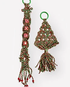 Grün Rot Makramee Weihnachtsbaum Rot Perlen Wandbehang Vintage Deko 30" Hippie - Bild 1 von 9