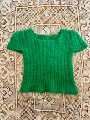 Vintage Handknit Wool Puff Sleeve Top Knit Kelly Green XXS XS - Image 1 of 3