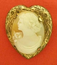 Vintage SHELL CAMEO in Ornate ENGRAVED HEART Frame~GF Signed Pin/Brooch~SPECIAL