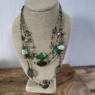 17-19” Three Strand Green Multi Beaded Necklace Seed Glass Shell Beads Layered - Image 1 of 4