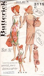 1964 Vintage Sewing Pattern Bust: 34in DRESS HAT BEACHBAG (2030) Butterick 3119 - Picture 1 of 3