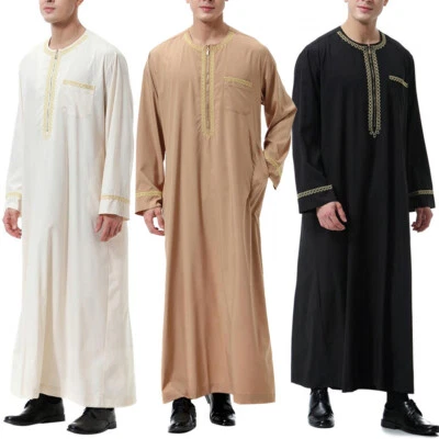 MARKENLOS Männer Muslimische Kleidung Lange Robe T-Shirt Kaftan Bluse Klassische Mode ▽