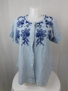 NY Collection Plus Size Button-Front Short Sleeve Embroidered Top 1X, Blue #5310 - Picture 1 of 3