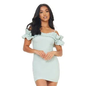 PrettyLittleThing Petite Sage Green Frill Cold Shoulder Mini Dress | US10 (L) - Picture 1 of 6