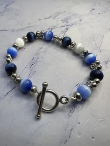 925 Sterling Silver Blue & White Tigers Eye Toggle Bead Bracelet - Picture 1 of 6