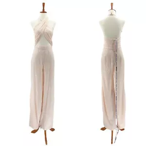 HOUSE OF CB Women M Santiaga Jumpsuit Peach Pink Sequin Wrap Wide Leg Cutout NEW - Picture 1 of 10
