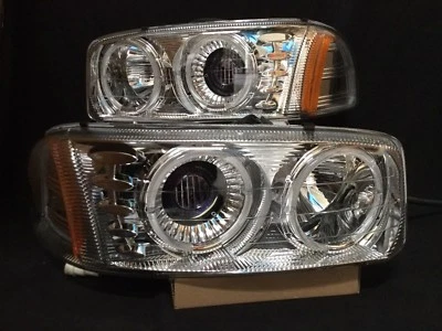 PARA 1999-2006 GMC SIERRA PROYECTOR HALO FAROS CROMO CLARO PAR DIESTRO+DERECHO Foto 1 de 3