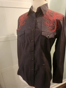 Camicia western Panhandle grezza stock manica lunga grigio scuro ricamata spalla - Foto 1 di 6