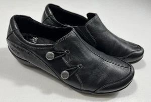 TAOS Encore Womens 8 Black Leather Comfort Slip-On Loafers Button Detail EUC - Picture 1 of 9