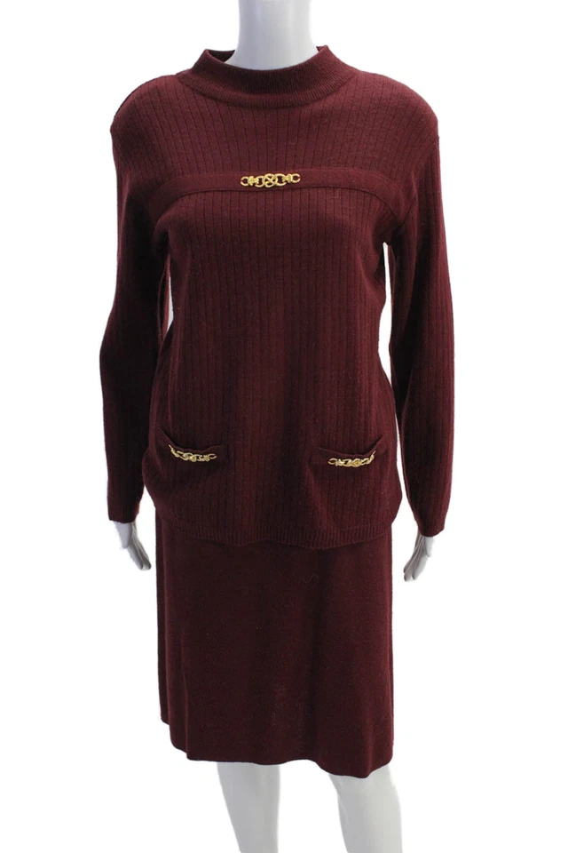 Conjunto de falda suéter de cuello alto Adolfo para mujer mezcla de lana rojo vino talla pequeña Foto 1 de 4