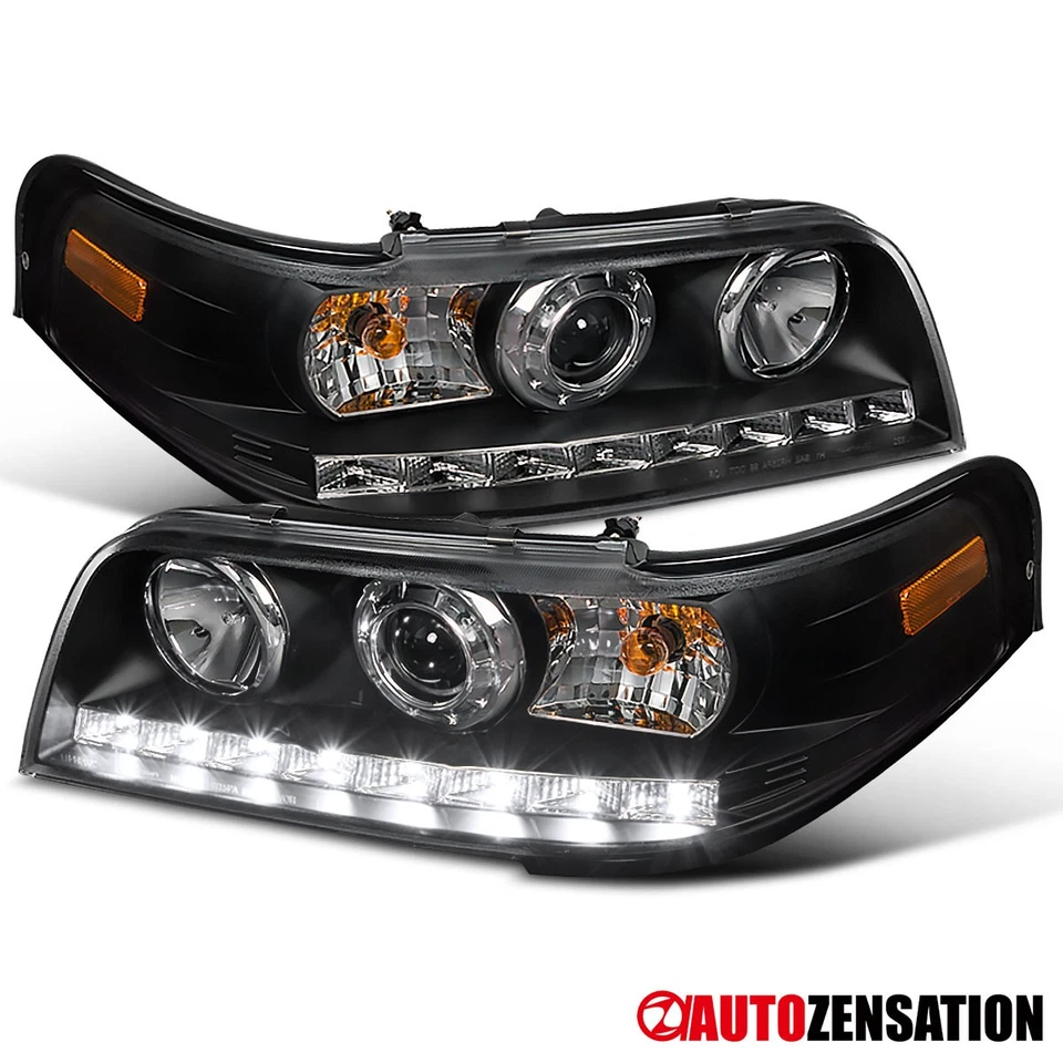 Fits 1998-2011 Ford Crown Victoria Black LED Strip Projector Headlights Lamps Foto 1 de 4