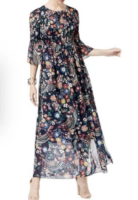 Maxi Vestido ECI New York Corpiño Calado Talla M Floral Azul Marino Manga Campana Modesto Foto 1 de 4