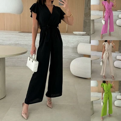 Damen Elegant Kurzarm Einteiler Romper Wickel Jumpsuit Sommer V-Neck Spielanzug - Bild 1 von 4