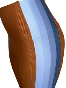 Perfect Beach Riot Sport Ribbed MEGAN Indigo Brown Racer Stripe Leggings-Large - Picture 1 of 10