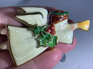 Weihnachtsengel klingende Trompete vergoldet Vintage Porzellan Brosche Anstecknadel V-7702* - Bild 1 von 3