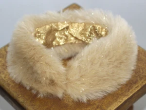 Faux Fur Barbie Wrap Stole Accessory Fashion Tan Goldtone Brown Gold Lining - Picture 1 of 7