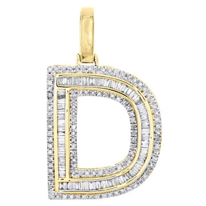 10K Yellow Gold Baguette Diamond Letter D Pendant 1.20" Initial Charm 0.60 CT. - Picture 1 of 6