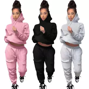 New Women Fashion Long Sleeves Hoodie Pocket Patchwork Solid Sporty Outfits 2pcs - Picture 1 of 14