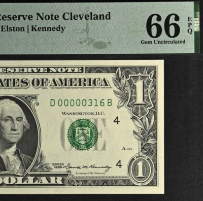 1969 $1 FRN Cleveland PMG 66EPQ March 16 birthday low serial number 00000316 - Image 1 of 3