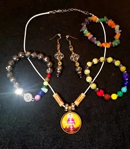 Reiki Pendant White Waxed adjustable cotton cord Necklace 3 Bracelets & Earrings - Picture 1 of 23