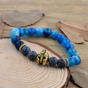 Men's Black Lava Stone Blue&Grid Spartan Helmet Bracelet Beaded Charm Bracelets - Picture 1 of 10