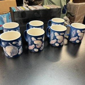 Otagiri Blue Seashells Set of 7 Stoneware Coffee Tea Cup Mug Beach Japan - Picture 1 of 8