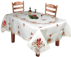Holiday Christmas Embroidered Poinsettia Bell Tablecloth & Napkins White 6625W  - Picture 1 of 9