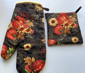 Herbst/Herbst Kürbis Sonnenblume Gänseblümchen Blätter Eichel Ofenhandschuh Topf Halter Set - Bild 1 von 2