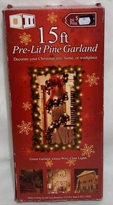 15 Feet Pre-Lit Pine Garland; Green Garland Green Wire Clear Lights Tested Works - Picture 1 of 7