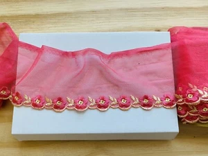 2 Yards Coral Pink Elastic Embroidered Tulle Lace Trim /Sewing/Crafts/3.25" Wide - Picture 1 of 11