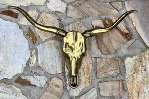 Brass Steer Cow Skull Head Wall Mount Western Decor Large Heavy - Picture 1 of 7