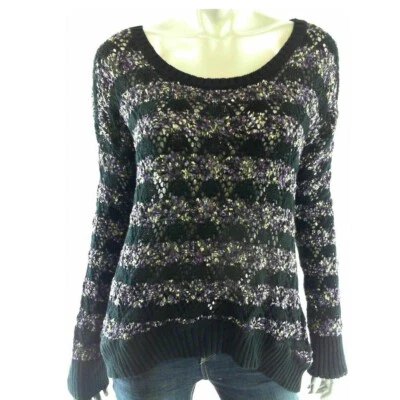Kensie Junior Women Sweater M Black Purple Knit Striped Pull Over - Image 1 of 2