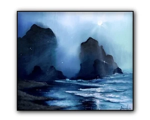 Original Acrylic Landscape Painting 12x14" Misty Ocean Rock Formations Wall Art - Picture 1 of 6