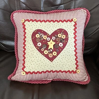 Vintage Decorative Throw Pillow Red Check Buttons Heart Star Rick Rack Country - Image 1 of 4