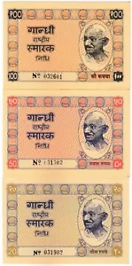 India, 1957, nota de emisión Gandhi-Khadi, 20, 50, 100 rupias (juego de 3) UNC - Imagen 1 de 2