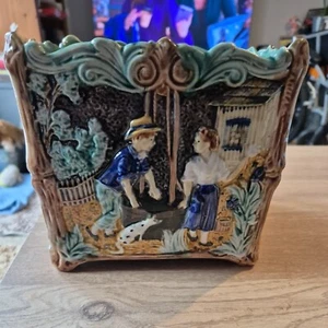 Antique 19thC French Majolica Cache Pot Jardinere Rural Scenes - Picture 1 of 7