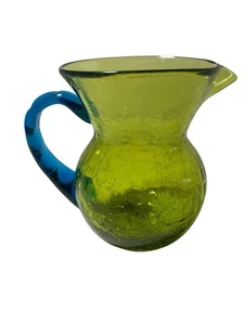 Mundgeblasener Glaskrug Crackle limettengrün blauer Griff - Bild 1 von 6