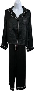 NWT Bebe Rhinestone Logo Luxury Pajamas Set Size XL Black/Pink Satin Pipe Trim - Picture 1 of 14