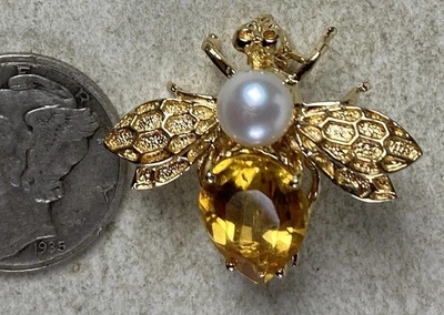 Prendedor de abeja vintage de oro de 14K con perla y piedra de topacio amarillo 4,4 gramos Foto 1 de 2