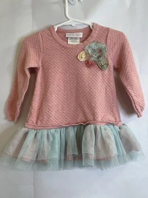 Girls Pink & Mint Tulle Long Sleeve Dress-Bonnie Baby-Size 18 Months EUC - Image 1 of 2
