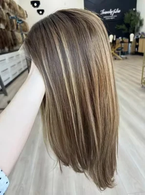 Balayage Ash Brown Blonde Highlight 100% Human Hair Lace Front Wigs Black Roots - Image 1 of 4