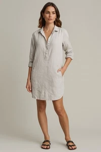Neiman Marcus Linen Tunic Shirt Dress Size S Beige Long Sleeve Collared - Picture 1 of 6