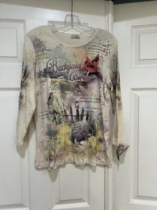Vintage Cactus Y2K Cotton Rhinestone Backyard Birds Top Shirt Size L - Picture 1 of 12