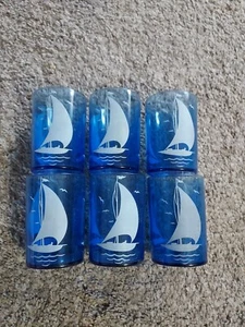 Vintage 40’s Hazel Atlas Cobalt Blue Sailboat Glasses Lot Of 6 - 3.75" - Picture 1 of 7