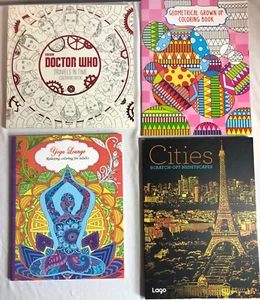 Lot Of 4 Adult Coloring Books: Yoga Lounge, Geometricals, Doctor Who, Cities - Bild 1 von 17