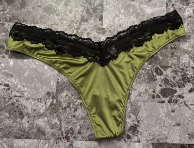 NWT VICTORIA'S SECRET M L GREEN SATIN SMOOTH BLACK LACE HIGH LEG THONG PANTIES - Image 1 of 3