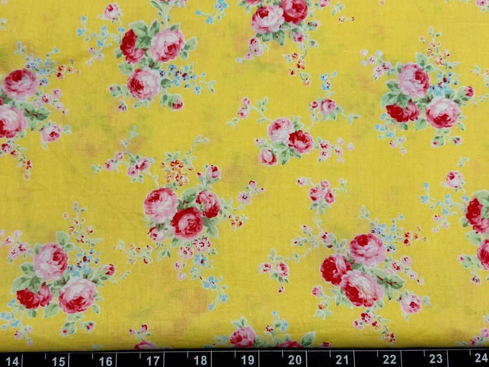 Tina Scrap 9"x21" Flower Floral Pink Rose Garden Spring Yellow FABRIC COTTON - Image 1 of 1